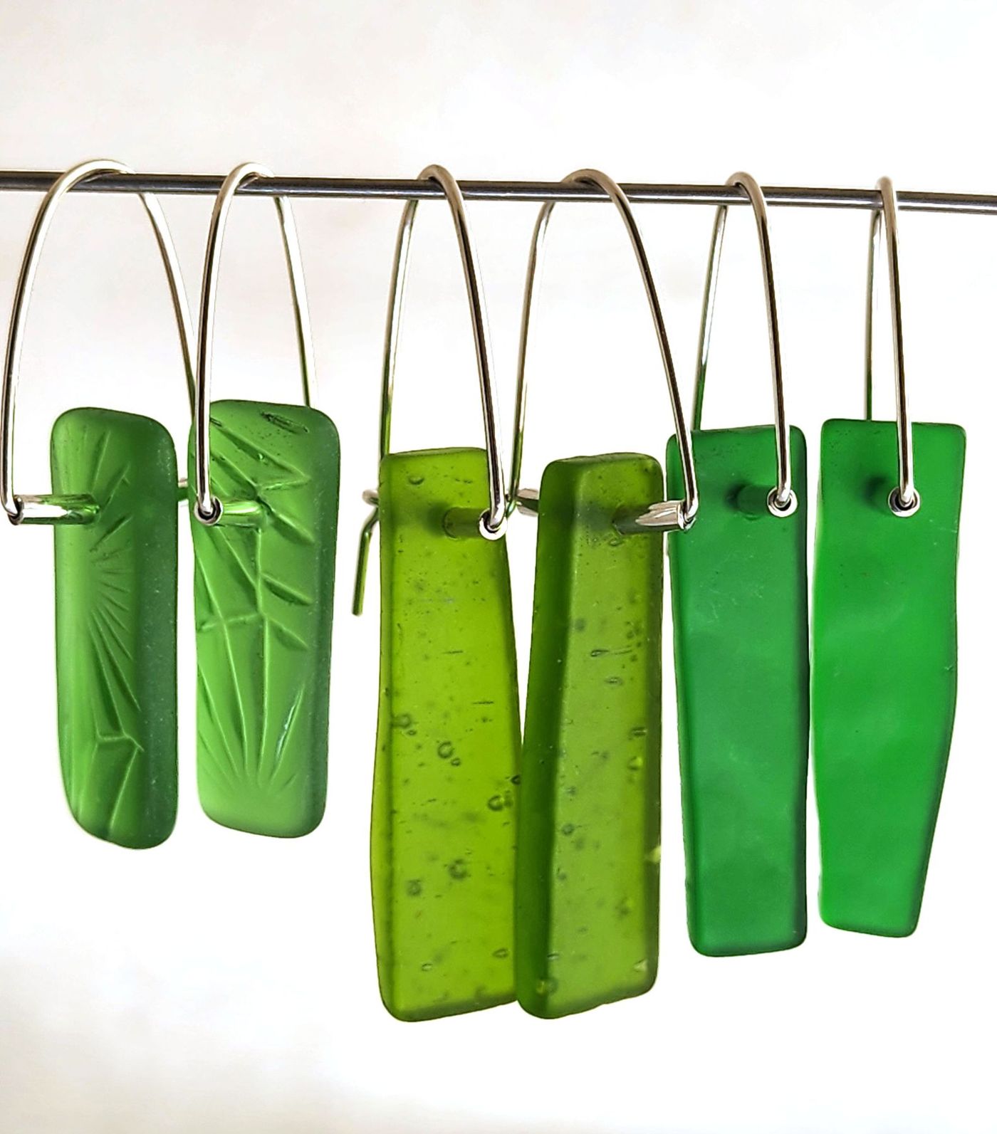 Elegant green recycled glass earrings on sterling silver closeable hooks